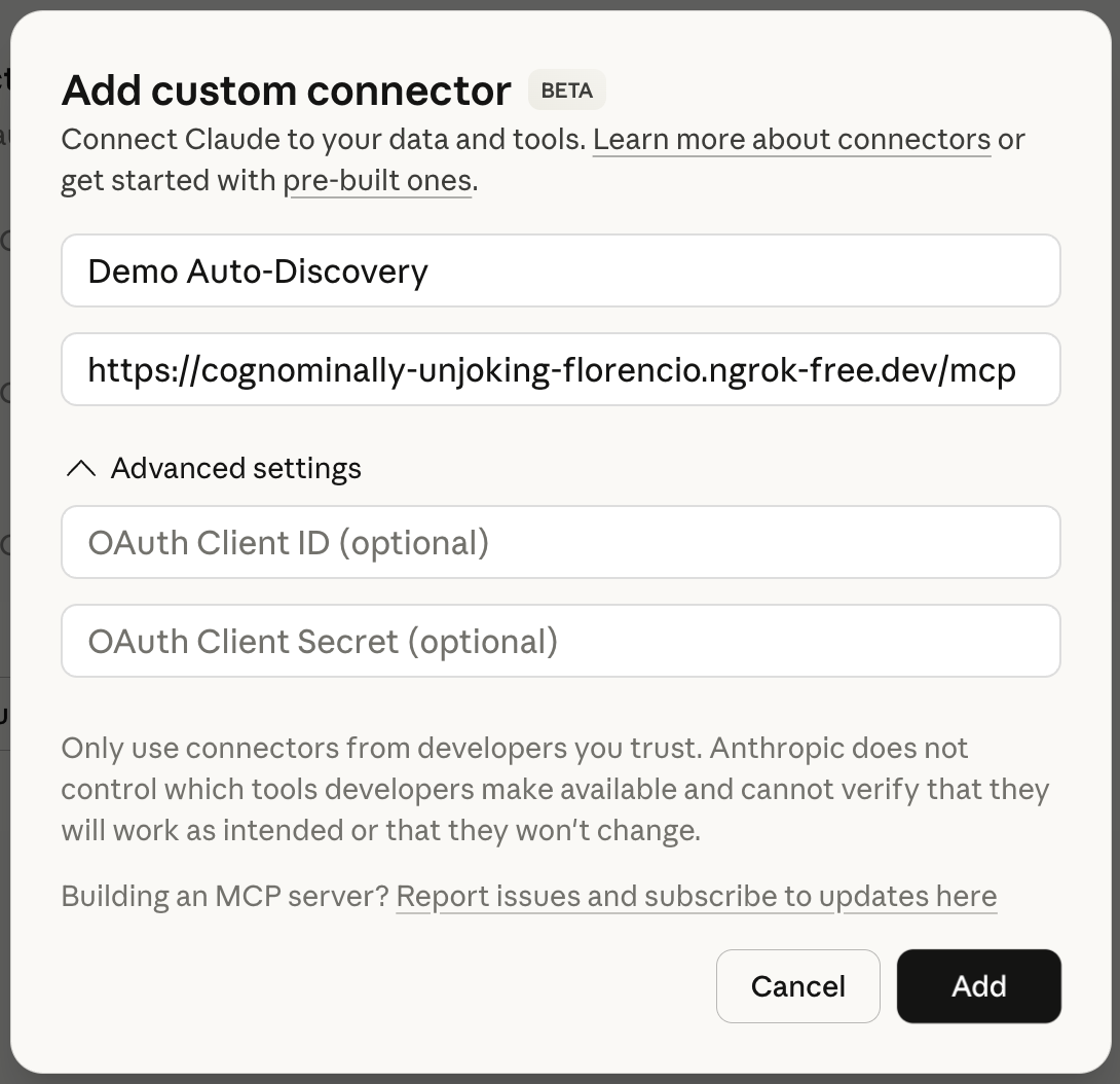 Adding a custom MCP connector in Claude - just the server URL, no credentials needed